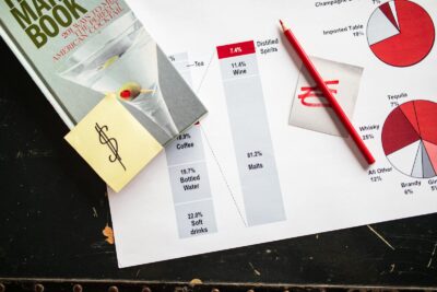 Overhead view of cocktail book, financial charts, and red pencil on desk.