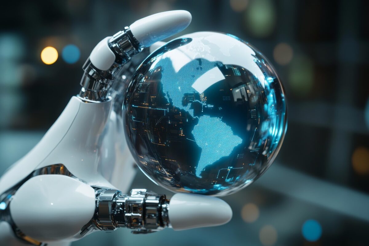 Robotic hand holding a digital globe, symbolizing AI powered quote analytics and intelligent data-driven insights.
