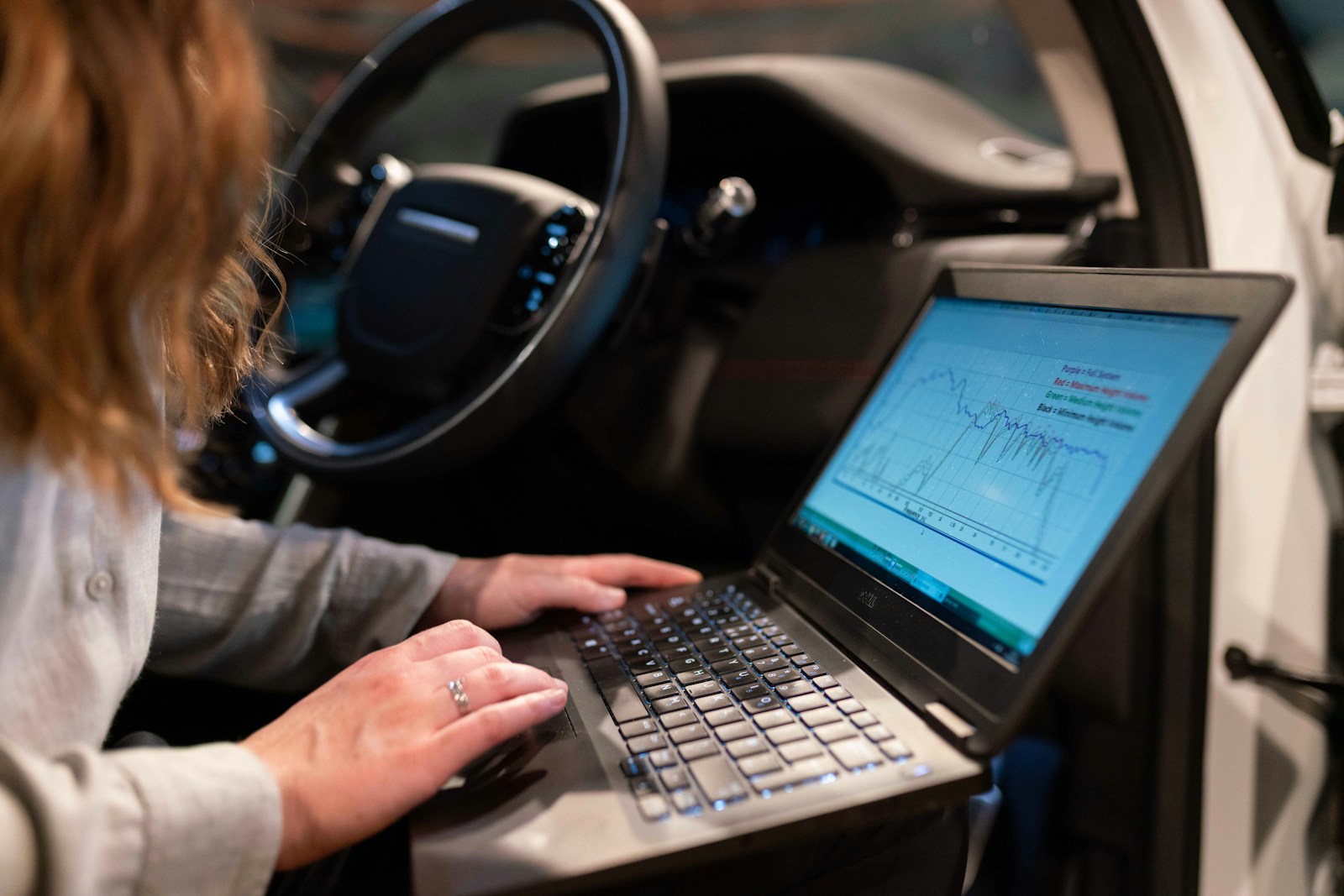 SAP CPQ support specialist analyzing pricing data on laptop inside vehicle.