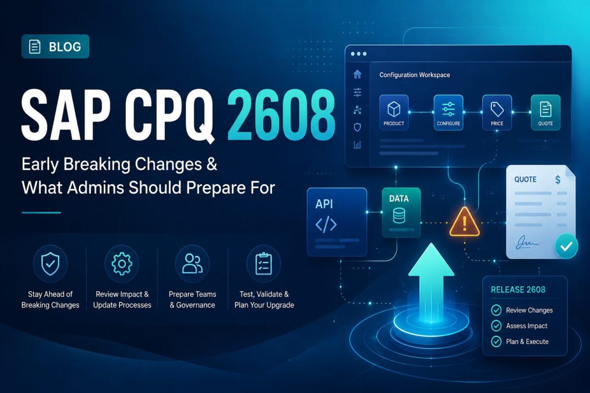 Abstract SAP CPQ release readiness illustration with API, quote, data, and admin workflow elements.