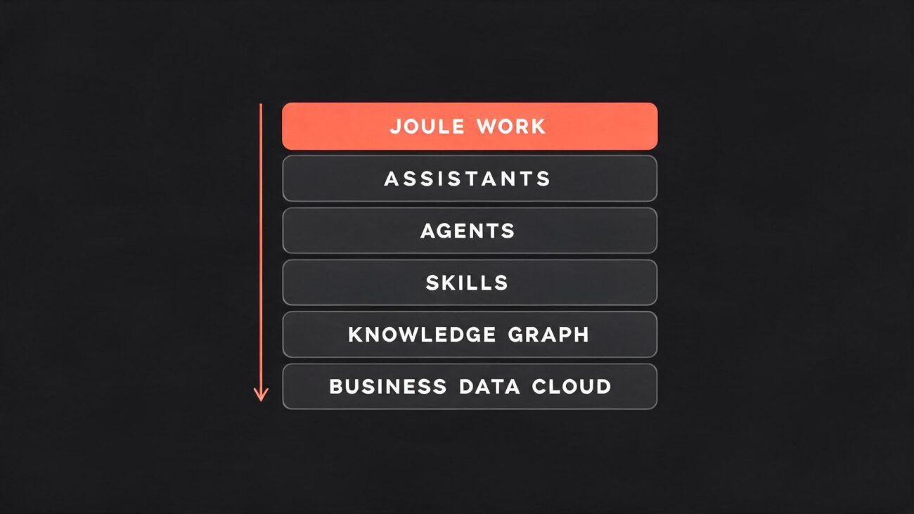 Diagram of the six layers of the SAP Joule stack, from Joule Work at the top down through Assistants, Agents, Skills, the SAP Knowledge Graph and SAP Business Data Cloud