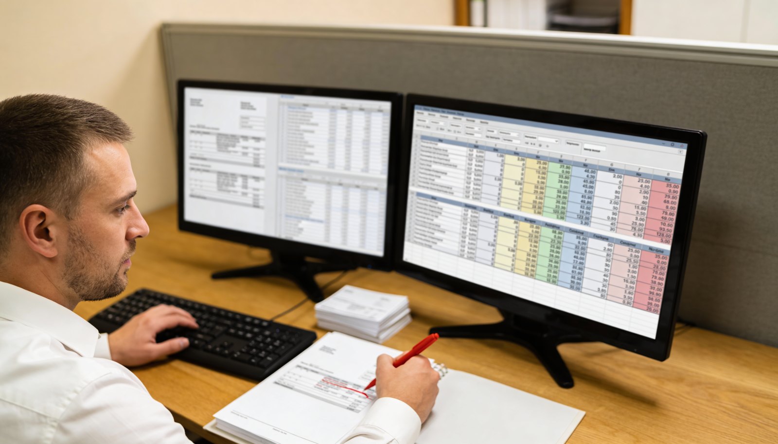 An analyst at a desk reviewing rows of data on two monitors next to printed reports
